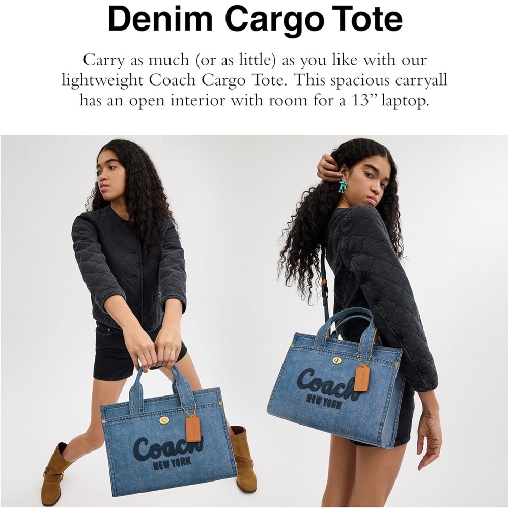 New Coach Blue Denim Canvas Cargo Tote Bag - Picture 3 of 7